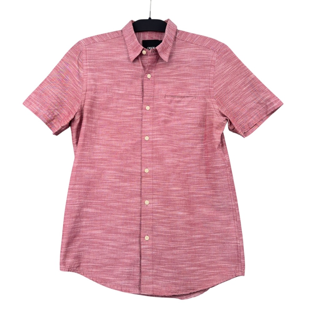 ASOS Mens Short Sleeve Button Up Shirt Red Heathered Pocket Casual‎ Size S
